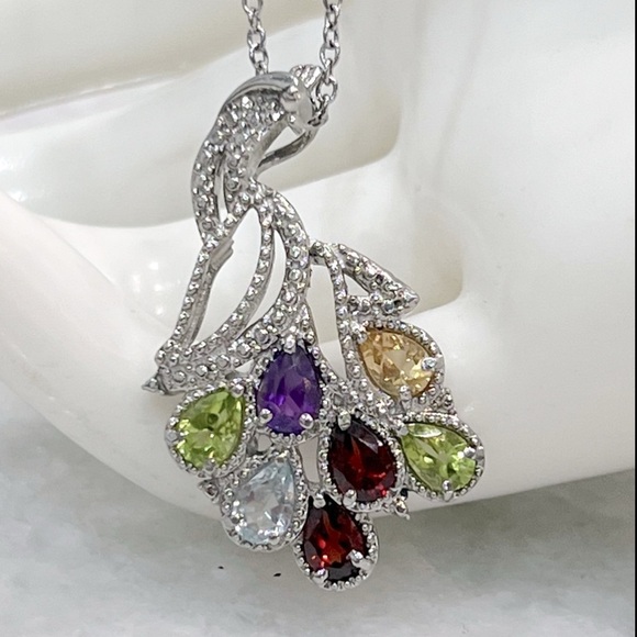 Jewelry - Multigemstone Silver Peacock Pendant 20” Necklace